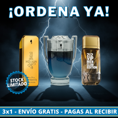 ¡STOCK LIMITADO! Pack 3x1 Perfumes Masculinos Invictus 212 VIP One Million - ENVÍO GRATIS - Paga al Recibir
